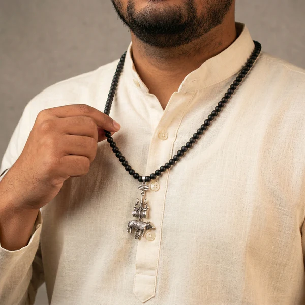 8_4_24 Karungali Mala with Shiv Trishul Nandi Pendant - Image 1